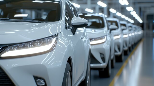 New white vehicles lined up in a sterile automotive factory, showcasing glowing LED headlights, ready for delivery.
