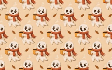 Obraz premium Cute ghosts holding coffee mugs, seamless Halloween pattern, cozy spooky theme, neutral background, vector art style