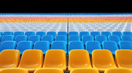 Fototapeta premium Vibrant Rows of Colorful Plastic Stadium Seats in a Modern Arena Setting with Black Background