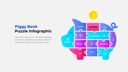 Piggy bank infographic built from puzzle pieces illustrating key business concepts like strategy, startup, development, marketing, and goals. Ideal for presentations on growth and financial planning