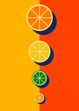 Colorful citrus fruit slice illustration on vibrant split background