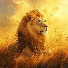 Naklejka premium A lion is standing in a field of tall grass. The lion is looking to the right. The grass is brown and dry