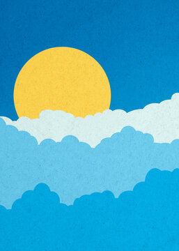Vintage illustration of sun rising behind clouds in blue sky