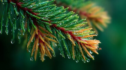 Pine branch holding fresh water drops on needles