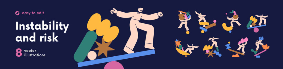 Fototapeta na wymiar Instability concept set. Equilibrium problem, balance and harmony crisis, risk. Unstable figures, shapes. Risky people in unsteady life. Colored flat vector illustration isolated on white background