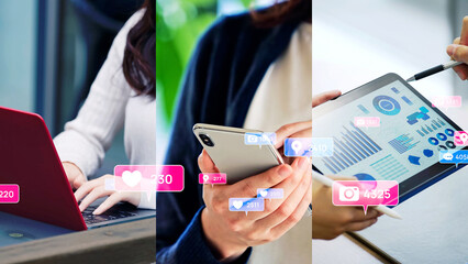 様々なモバイルデバイスを使う人々とソーシャルメディア © metamorworks