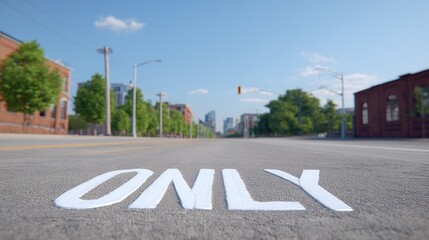 View of Empty City Street with Road Marking Indicating Direction Under Bright Blue Sky