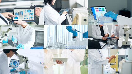 A collage of various research and development scenes