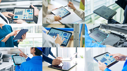 Collage of people using tablets in various situations