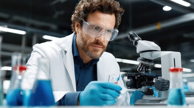 scientist in a lab coat uses a microscope while examining samples. Colorful test tubes filled with liquids are organized on the table, indicating ongoing experiments in a high-tech lab