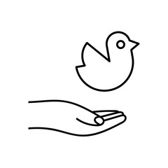 Bird on Open Palm: Simple vector illustration. Design for hope and freedom. Outline design on white background.