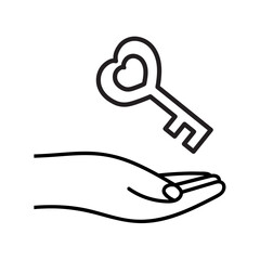 Hand Offering Key: Outline icon. Vector design of a hand offering a key with a heart. Simple illustration for providing opportunities. White background.