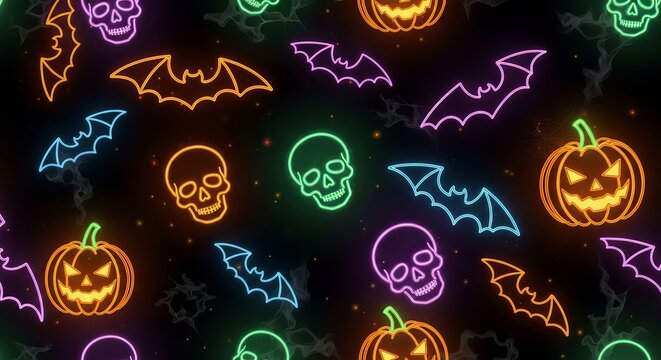 Halloween themed background with neon skulls, pumpkins, and bats decorations