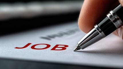 hand grips a shiny silver pen, ready to sign or mark the word job on a carefully prepared resume. setting is quiet and professional, focusing on career aspirations