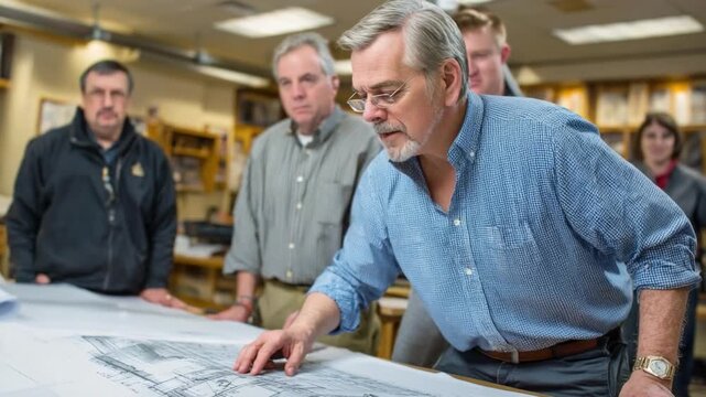 Planning and Collaboration: A focused group of professionals huddles over detailed blueprints, engaged in critical planning and collaborative discussion.