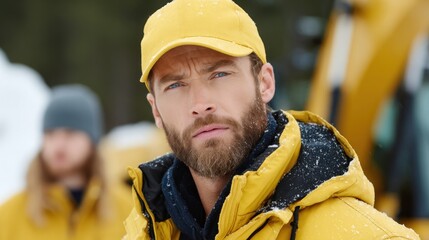 man in a bright yellow jacket and cap stands in a snowy environment. He has a beard covered in snow and looks thoughtfully into the distance. Other people can be seen in the background