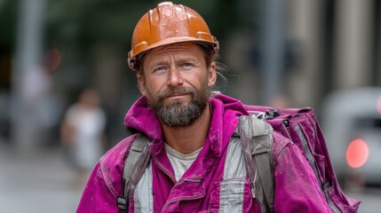 construction worker wearing bright pink overalls and an orange hard hat stands on a busy urban street. He appears confident, with a beard and backpack