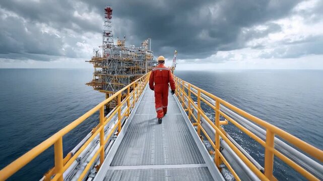 Worker's Path to the Oil Rig: A worker confidently walks along a pathway towards a massive offshore oil rig under a stormy sky, the epitome of dedication in the energy sector.
