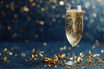 Festive champagne toast with golden confetti on a blue glittery backdrop