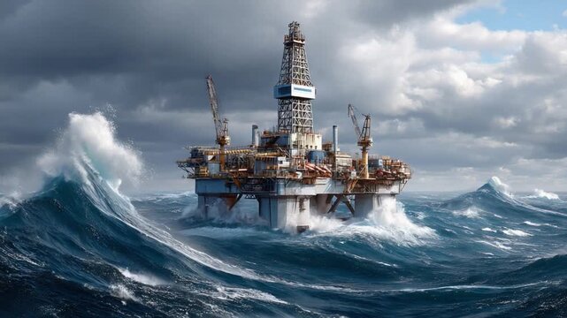 Offshore Oil Rig in Stormy Seas: An imposing offshore oil rig braves the turbulent waves and tumultuous skies of a raging sea.