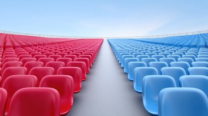 Obraz premium Rows of Red and Blue Chairs in a Stadium with a Clear Sky Background for Sports or Events
