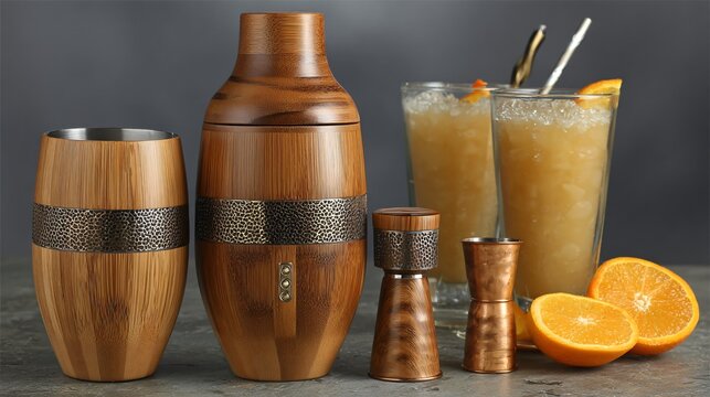 Sophisticated bamboo bar set for crafting elegant tropical cocktails at your next party or celebration with friends and family, a modern twist on happy hour - Powered by Adobe