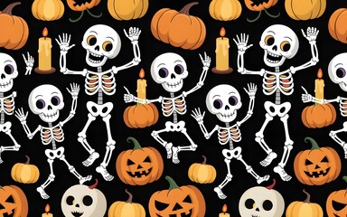 Funny skeletons dancing with pumpkins and candles, seamless Halloween pattern, black background, cartoon hand-drawn style, vibrant colors