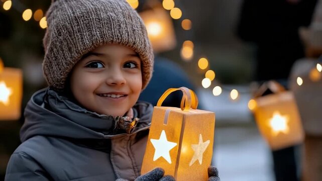 Happy child wearing winter clothes holding a star-shaped paper lantern during a Saint Martin's day procession in Germany, celebrating with traditional handmade lanterns and warm glowing lights