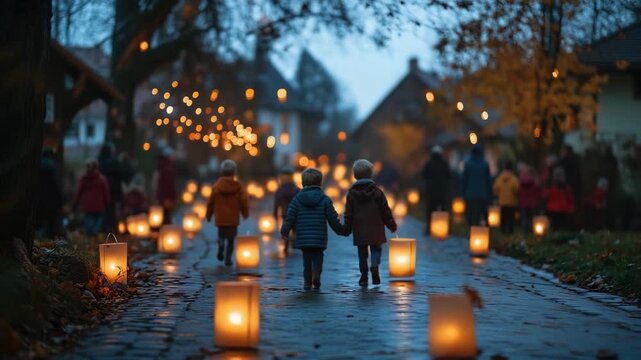 Children walkingat dusk, carrying glowing paper lanterns during Saint Martin's day parade in German tradition, commemorating religious festival