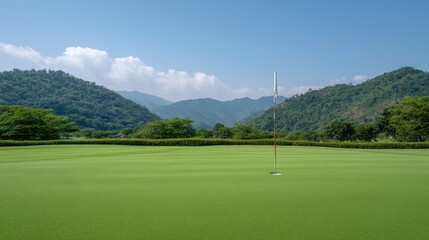Obraz premium Serene Golf Course Landscape with Flag at Hole Surrounded by Lush Green Mountains and Clear Blue Sky