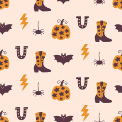 Halloween Cowboy Ghosts Seamless Pattern Cute Set