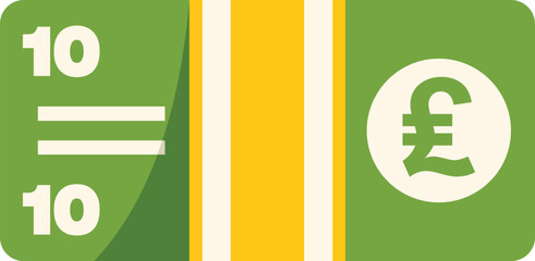 Green and gold ten pound banknote with pound symbol representing the currency of the united kingdom