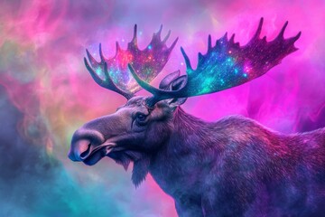 A colorful image of a moose with a purple and blue background. The moose is surrounded by a galaxy of stars and is the main focus of the image