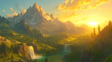 Breathtaking mountain landscape featuring cascading waterfalls and a golden sunrise illuminating the serene valley, perfect for nature lovers and adventure seekers.