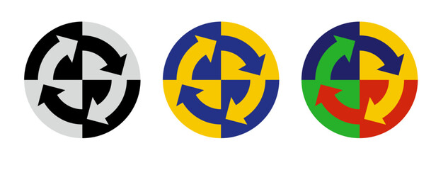 Four-part circular arrows logo set – evolution from monochrome to colorful design, dynamic vector illustration.