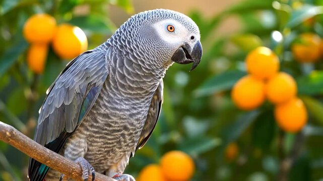 African Grey Parrot Perched on Branch with Vibrant Orange Fruits in Background.