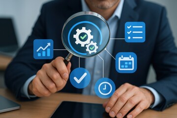 Businessman Analyzing Data with Magnifying Glass and Workflow Icons in Modern Office Environment