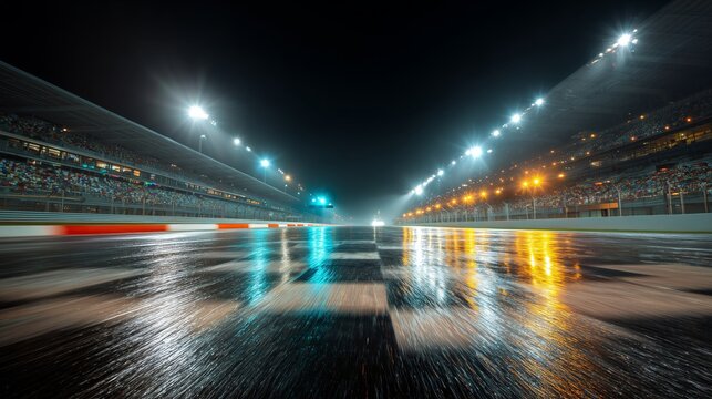 Night racing on a wet track under bright lights with grandstands filled with spectators at a motorsport event