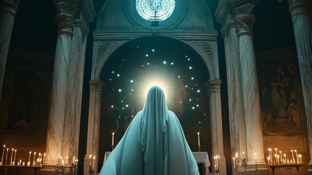 Spiritual figure in robe standing before altar with candles and stars in church, divine light and devotion footage.