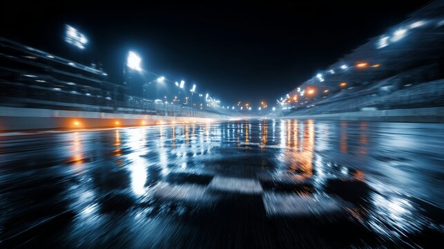 Nighttime racing under bright lights on a wet track with reflections and excitement - Powered by Adobe