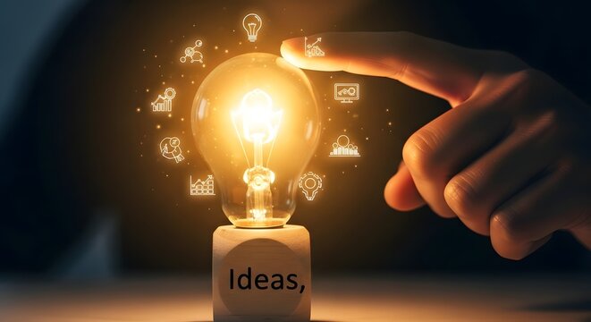 Glowing light bulb with digital icons symbolizing innovation and new ideas emerging - Powered by Adobe