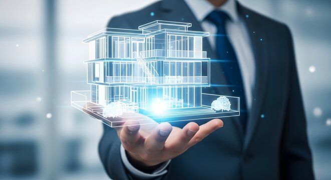 Businessman holding a glowing futuristic architectural model of a modern building in his hand