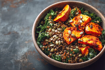 Delicious healthy bowl featuring sweet potatoes, lentils, and kale for a vibrant lunch or dinner, promoting wellness and mindful eating in a modern lifestyle setting