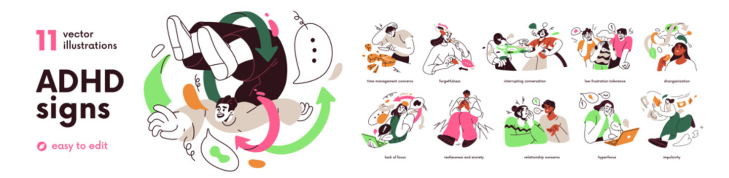 ADHD signs, psychology concept set. Attention deficit and hyperactivity disorder. Mental health problem. Disorganized restless inattentive people. Flat vector illustration isolated on white background