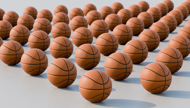 Pattern of basketballs arranged outdoors in a 3D rendering.