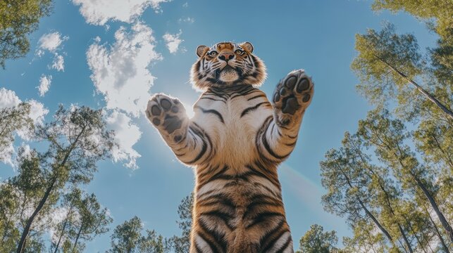 Tiger leaping, forest, sunlit sky, wildlife, conservation
