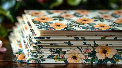 A stack of floral invitation cards rests on a table, ready for a special occasion.