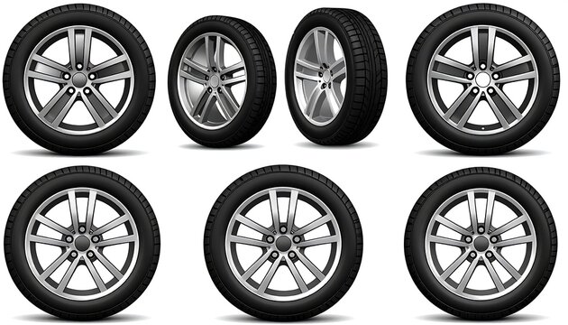Collection of car tire and rim illustrations in varied orientations