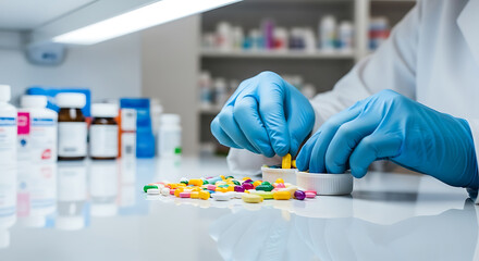 Pharmacist preparing medication in a lab with blue gloves.