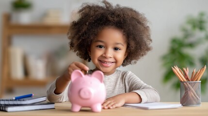 African American girl smiling while saving coins in a pink piggy bank at a wooden table